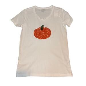 NWT J.Crew Factory Sequin Pumpkin Graphic Tee White Cotton Slim Fit XS Fall